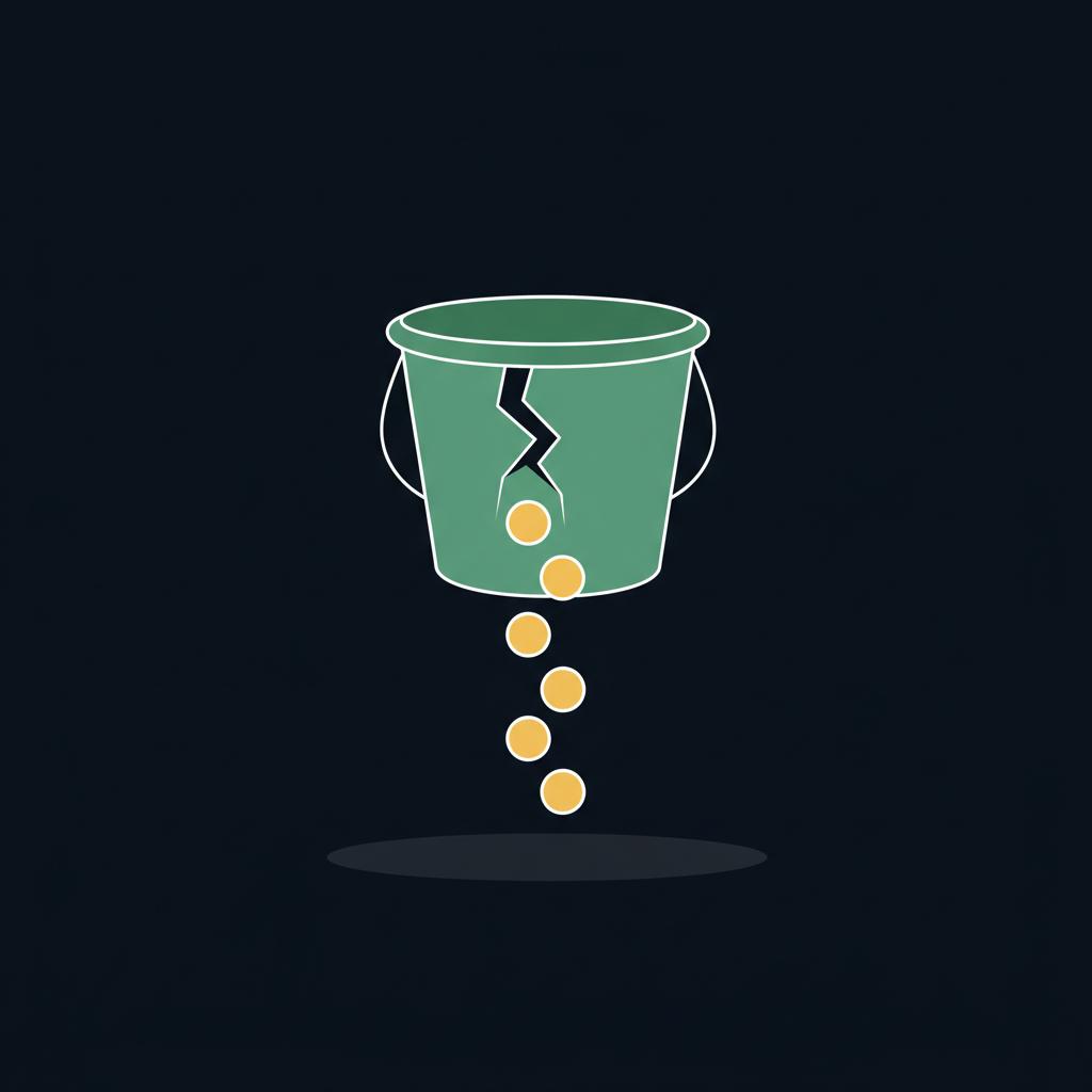 Minimalist 2d vector illustration of a leaking bucket with coins falling out on a dark background illustrating money lost invest $100 in crypto