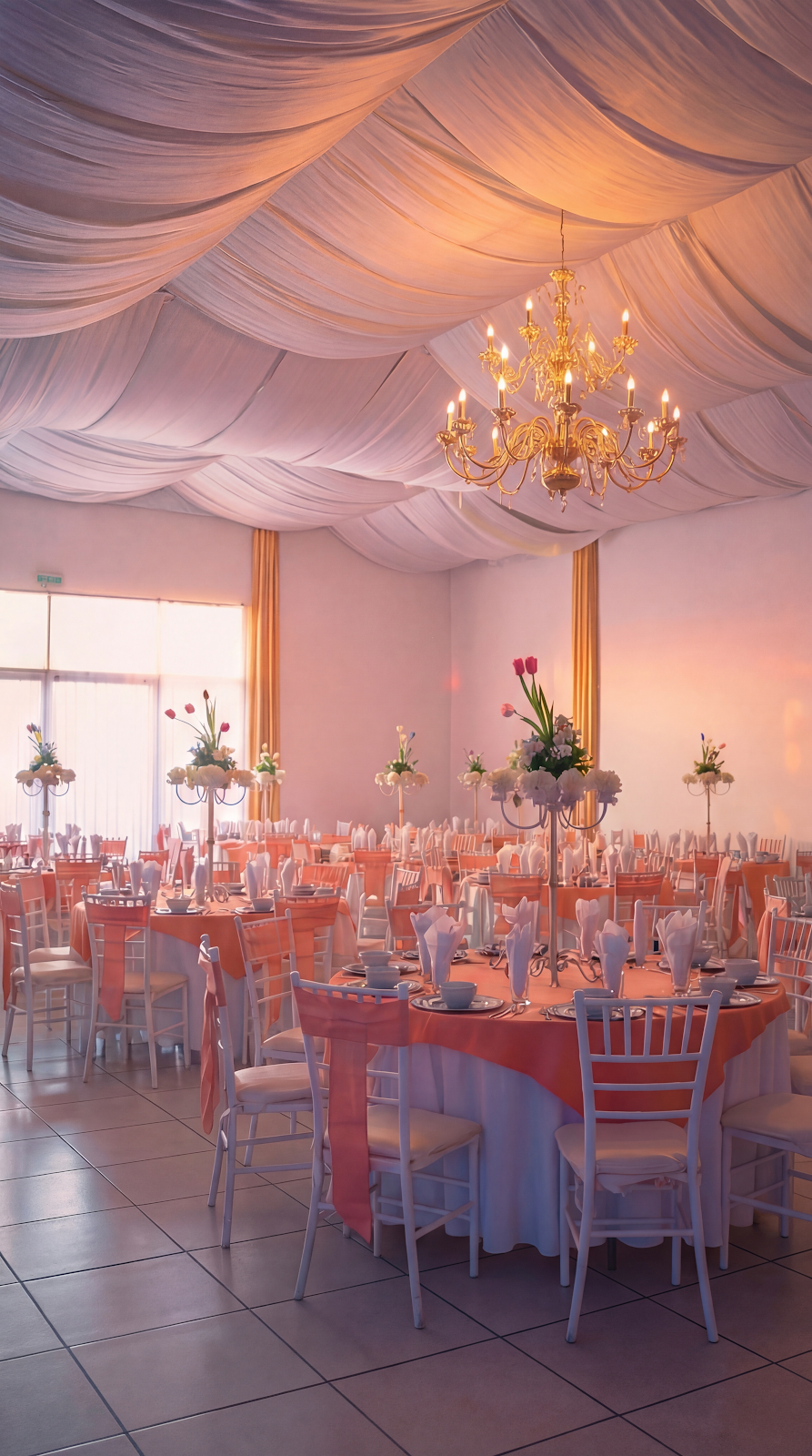 Montaje de mesas elegantes para banquete en salón Villaverde