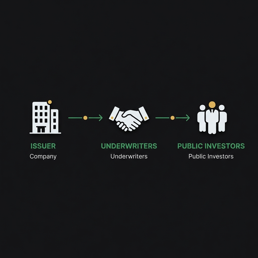 Minimalist infographic showing IPO flow from company to underwriters to public investors basic of shares