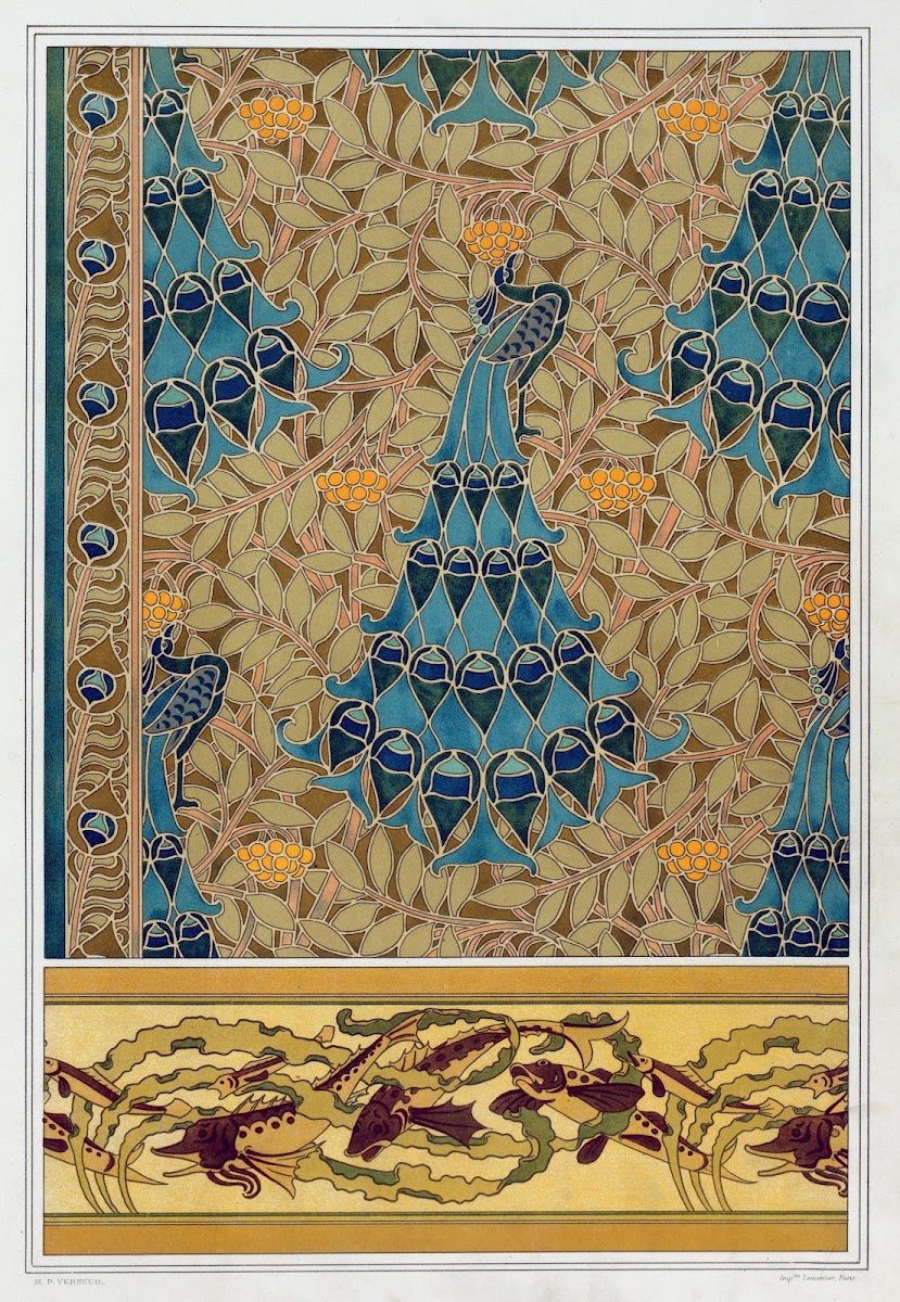 Paons dans les sorbiers pochoir poissons et algues bordure 1897