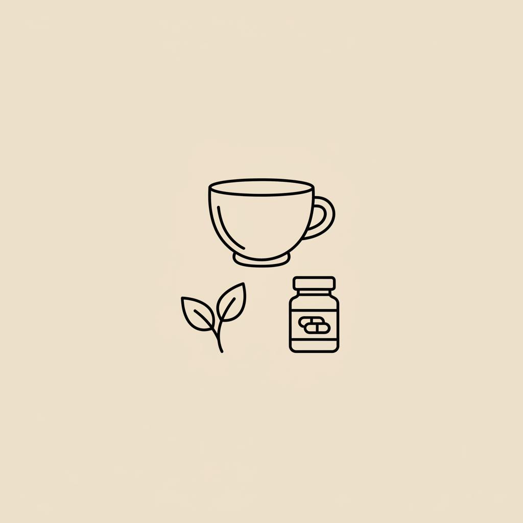 Minimal Tonum-style line illustration of a teacup, leaf sprig, and capsule bottle suggesting green tea belly fat support and healthy routine.