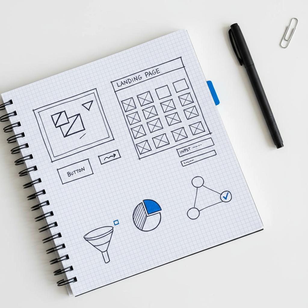 Close-up planner page with hand-drawn ad creative sketches and landing page wireframe for Twitter promoting, minimalist pen and small blue accents