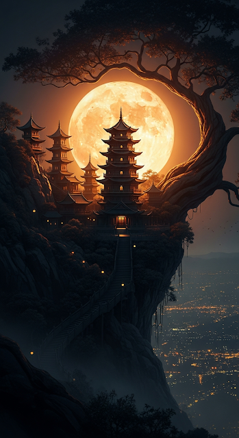 Dramatic Night Illustration of an Asian Pagoda Under a Full Moon and Illuminated Cityscape - Free mobile Wallpaper
