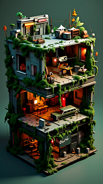 Cross-Section of Overgrown Building with Miniature Interiors - Free mobile Wallpaper