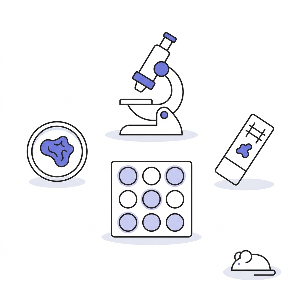 Minimalist vector lab illustration showing microscope multiwell plate petri dish and mouse outline representing preclinical model for bpc 157 peptide research