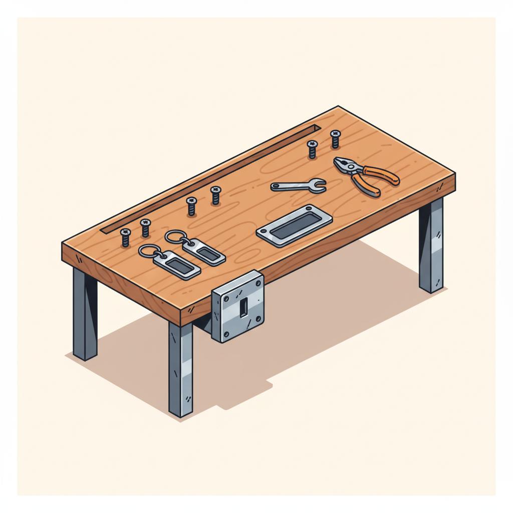 Minimalistische 2D-Vektor-Detailaufnahme einer Werkbank mit personalisierten Metallanhängern und Namensschildern in warmem Licht und industriellem Stil — unglücksbringende Geschenke