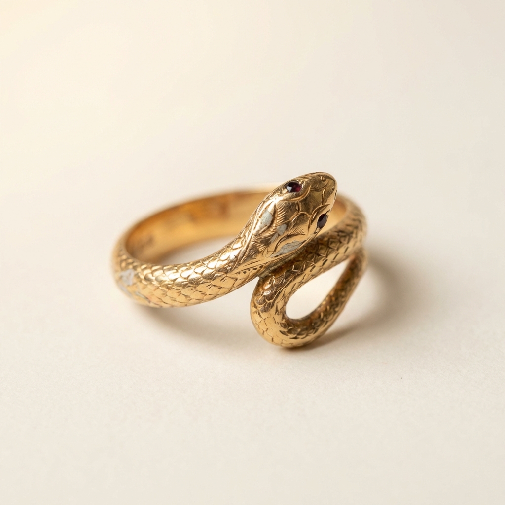 Victorian gold ouroboros snake ring on cream background highlighting the head detail and any surviving enamel or stone