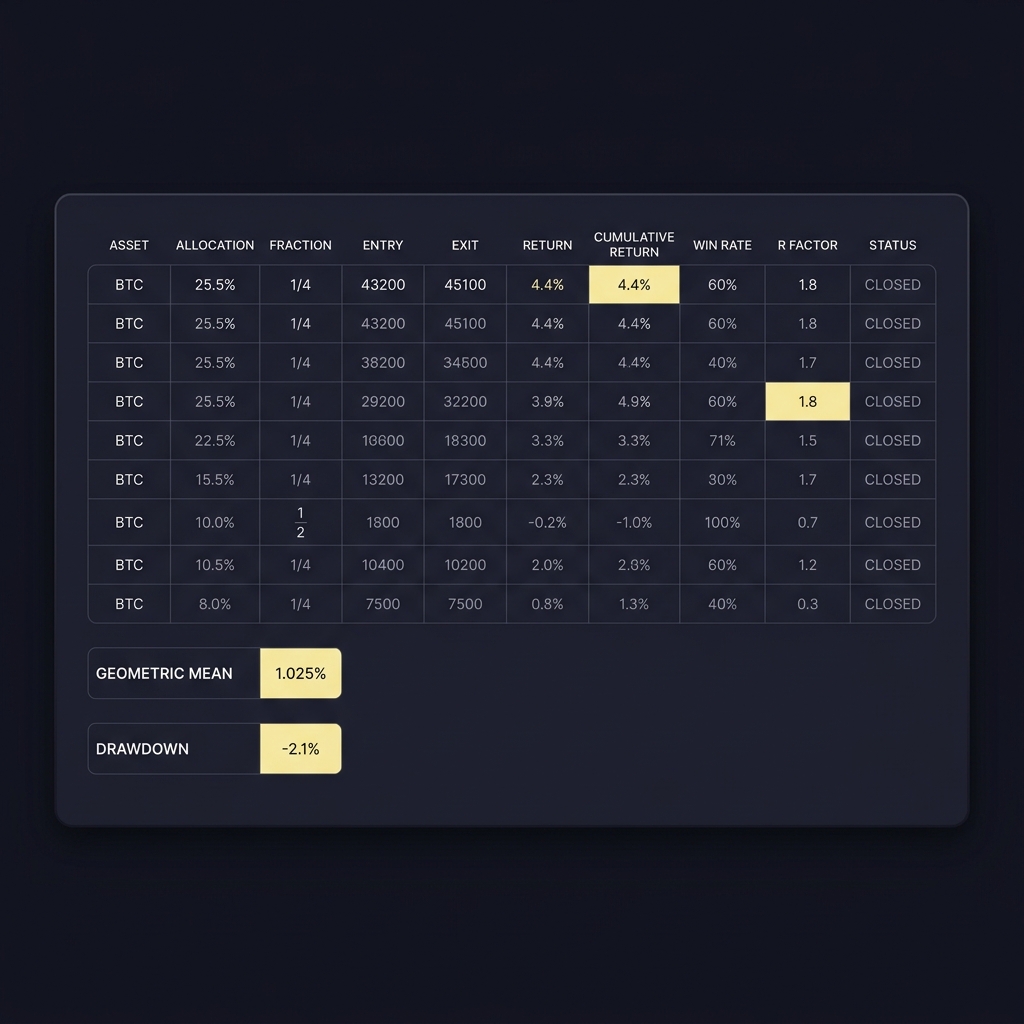 Minimalist full frame spreadsheet mockup showing fraction sizing columns and rows for geometric mean and drawdown, highlighting How Small Edges Compound Over Time in a clean Funded Plays style