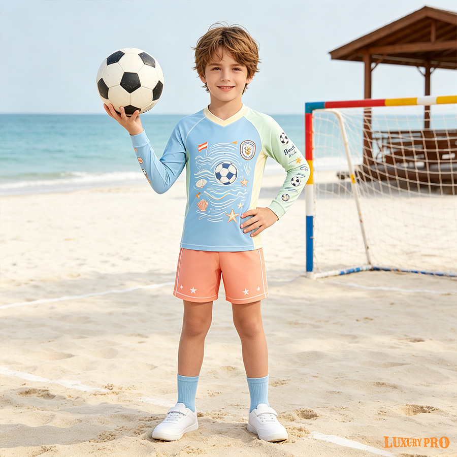 AOP MEG Kids Raglan V-Neck Soccer Jersey With Cuffs + MEG Kids Boardshorts