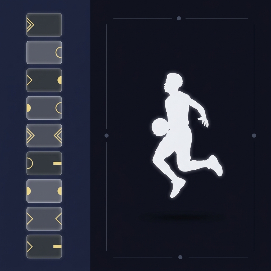 Split frame minimal image with draft pick cards on left and a neutral young basketball silhouette on right conveying package components anthony edwards prop