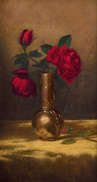 Red Roses in a Japanese Vase on a Gold Velvet Cloth circa 1885 1890