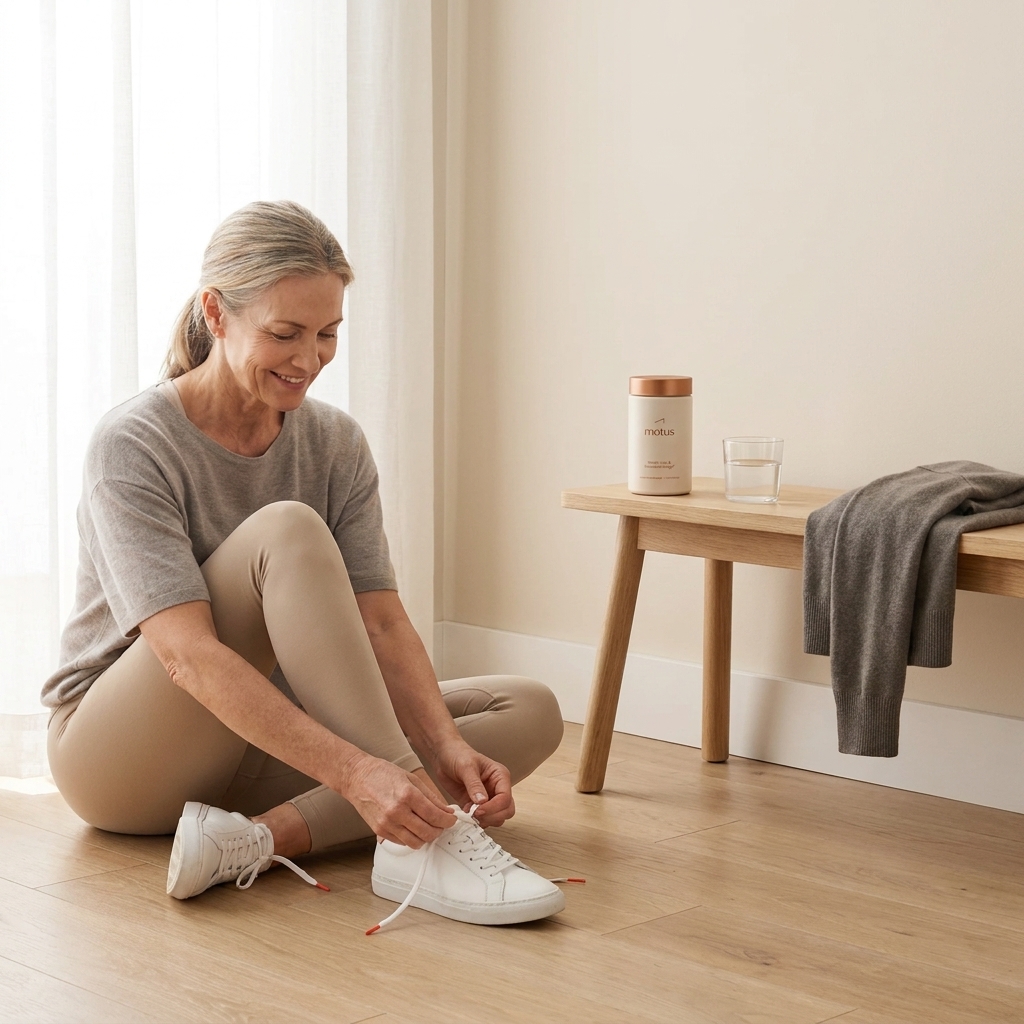 Woman in her 50s tying sneakers on a light wood floor with Tonum Motus supplement jar on a bench, illustrating best weight loss for postmenopausal daily habit.