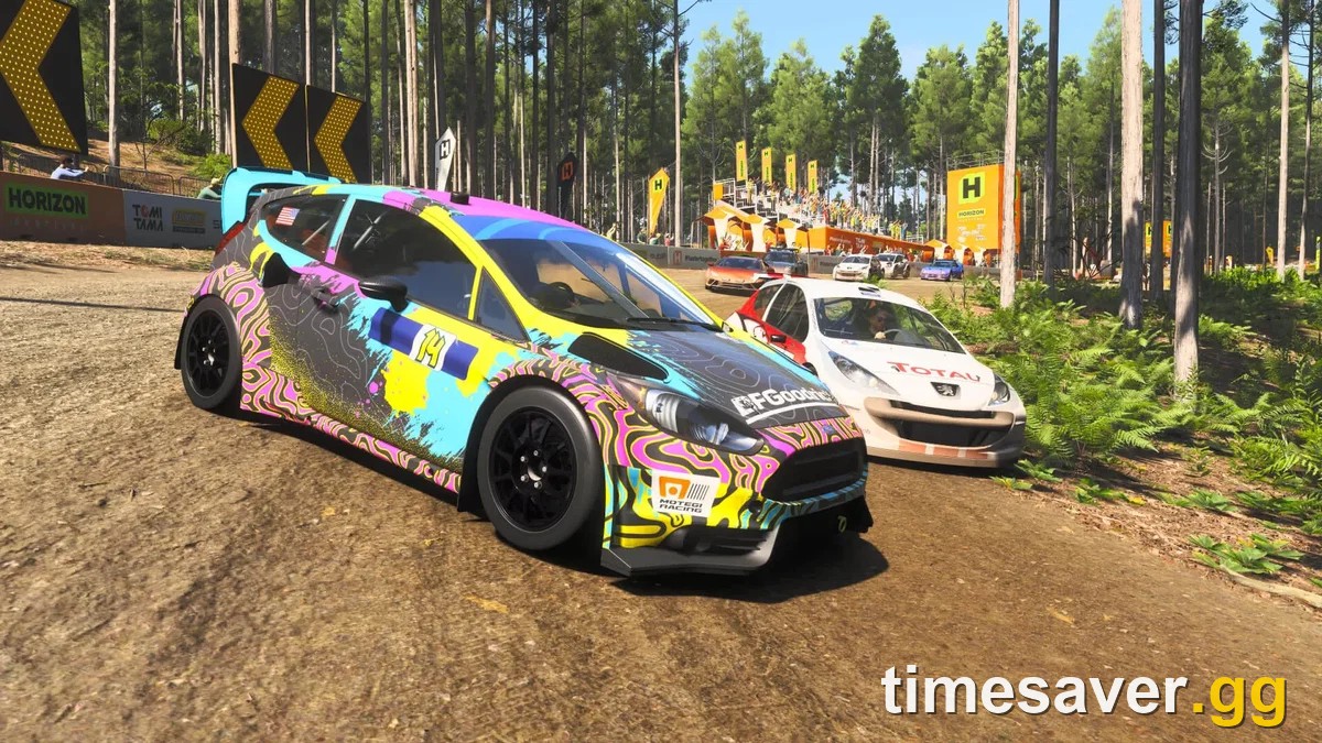 Forza Horizon 6 rally hatchback dirt racing through a pine forest — best S1 dirt and cross-country car