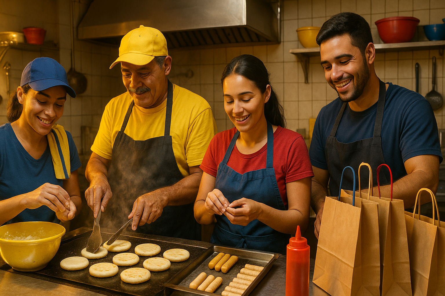Equipo venezolano cocinando arepas en una cocina sin sala para delivery