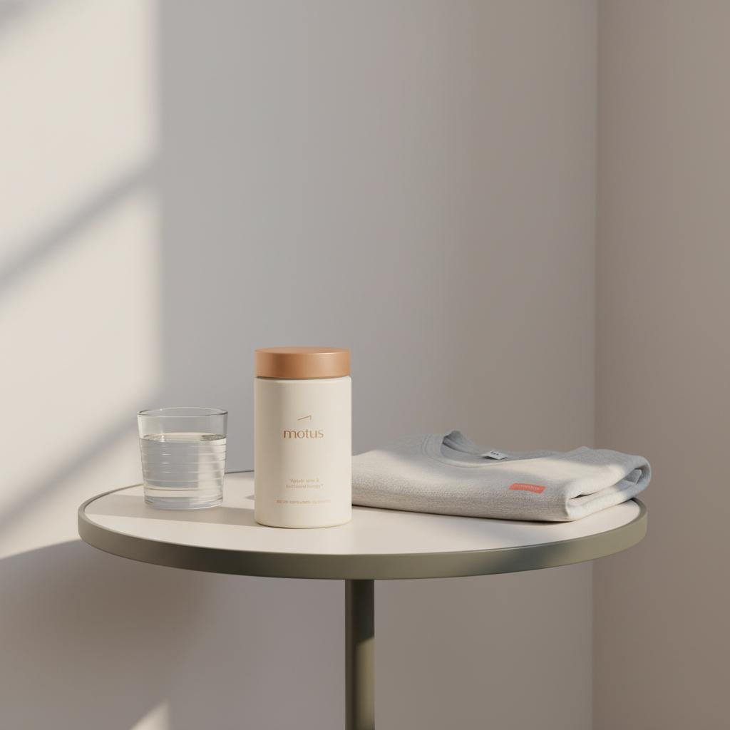 Motus supplement jar on a minimalist bedside table with a glass of water and folded workout tee, Tonum palette, daily sustainable weight loss routine — diuretics for weight loss