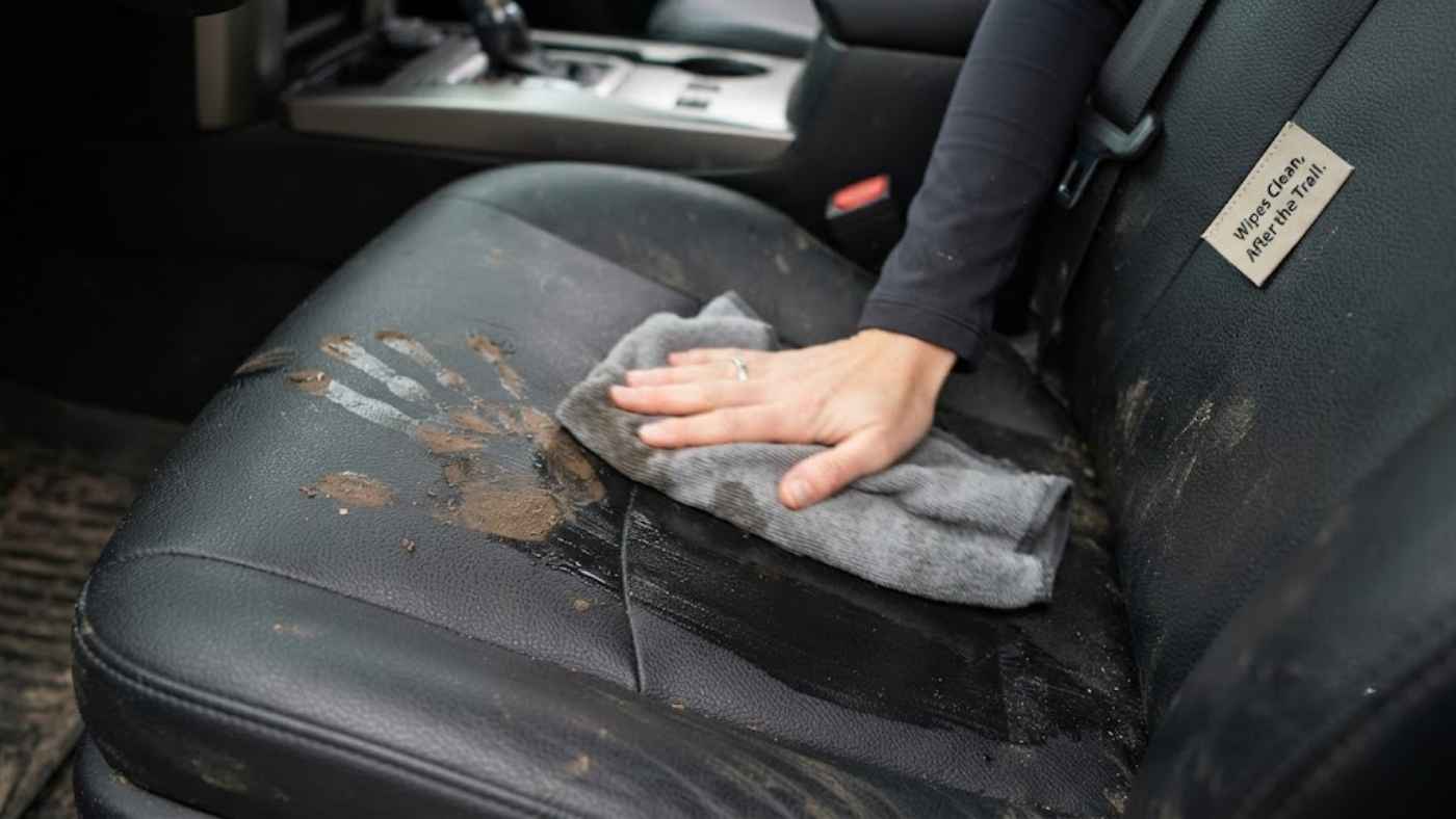 Perforated eco-leather seat cover wiping clean of mud in a 2027 Chevrolet Silverado 1500 ZR2