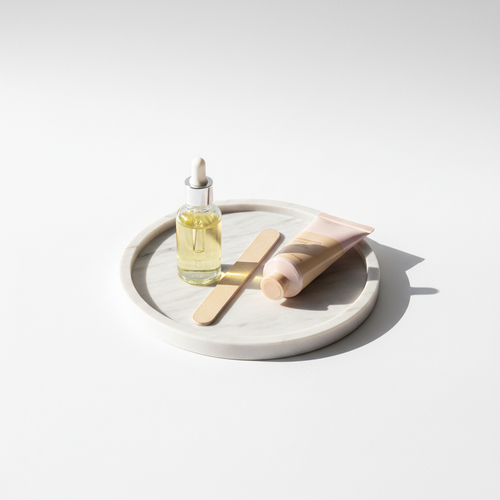 Minimalistisches Stillleben: weißes Marmor‑Tablett mit geöffneter Nagelhautöl‑Flasche, Holznagelfeile und zarter Handcreme in NailX Pastellfarben auf weißem Hintergrund — brüchige Fingernägel