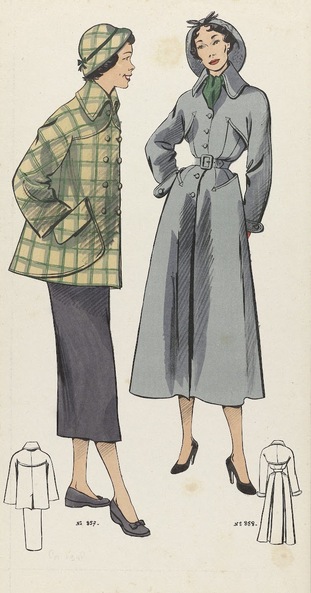 Suit and long gray coat with hood 1948