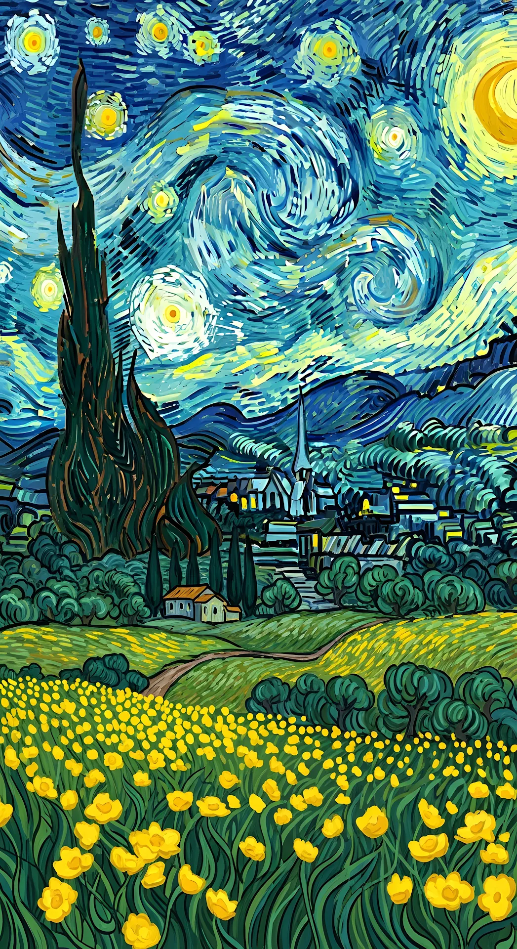 Vibrant Starry Night Painting Yellow Flower Field Art - Free 4K mobile Wallpaper