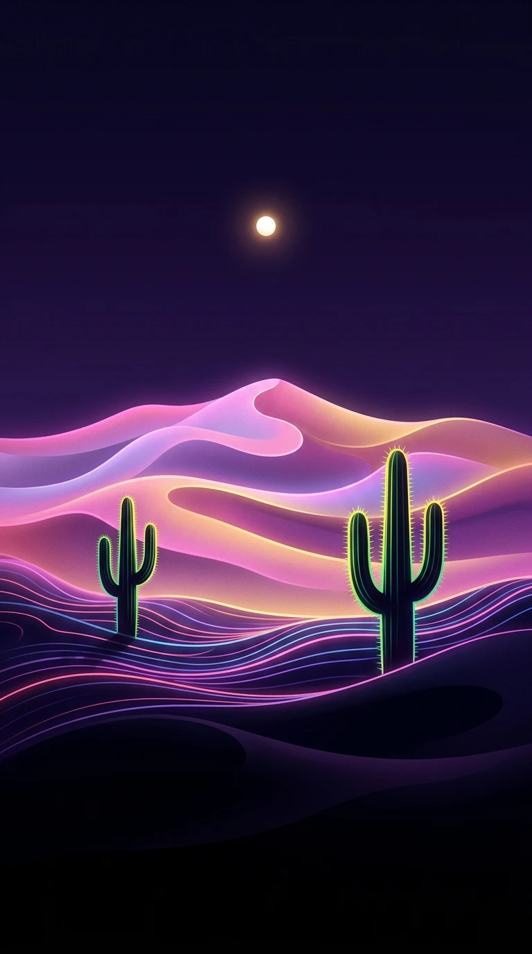 Abstract Surrealist Neon Desert Dunes Cactus Mobile Wallpaper - Free 4K mobile Wallpaper