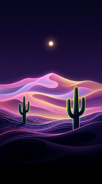 Abstract Surrealist Neon Desert Dunes Cactus Mobile Wallpaper - Free mobile Wallpaper