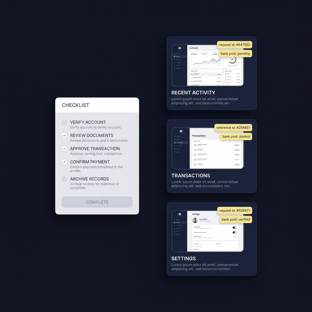 Minimalist Funded Plays style full frame illustration of a checklist and three organized screenshots with tags request id reference id bank post showing document organization for my bookie com app
