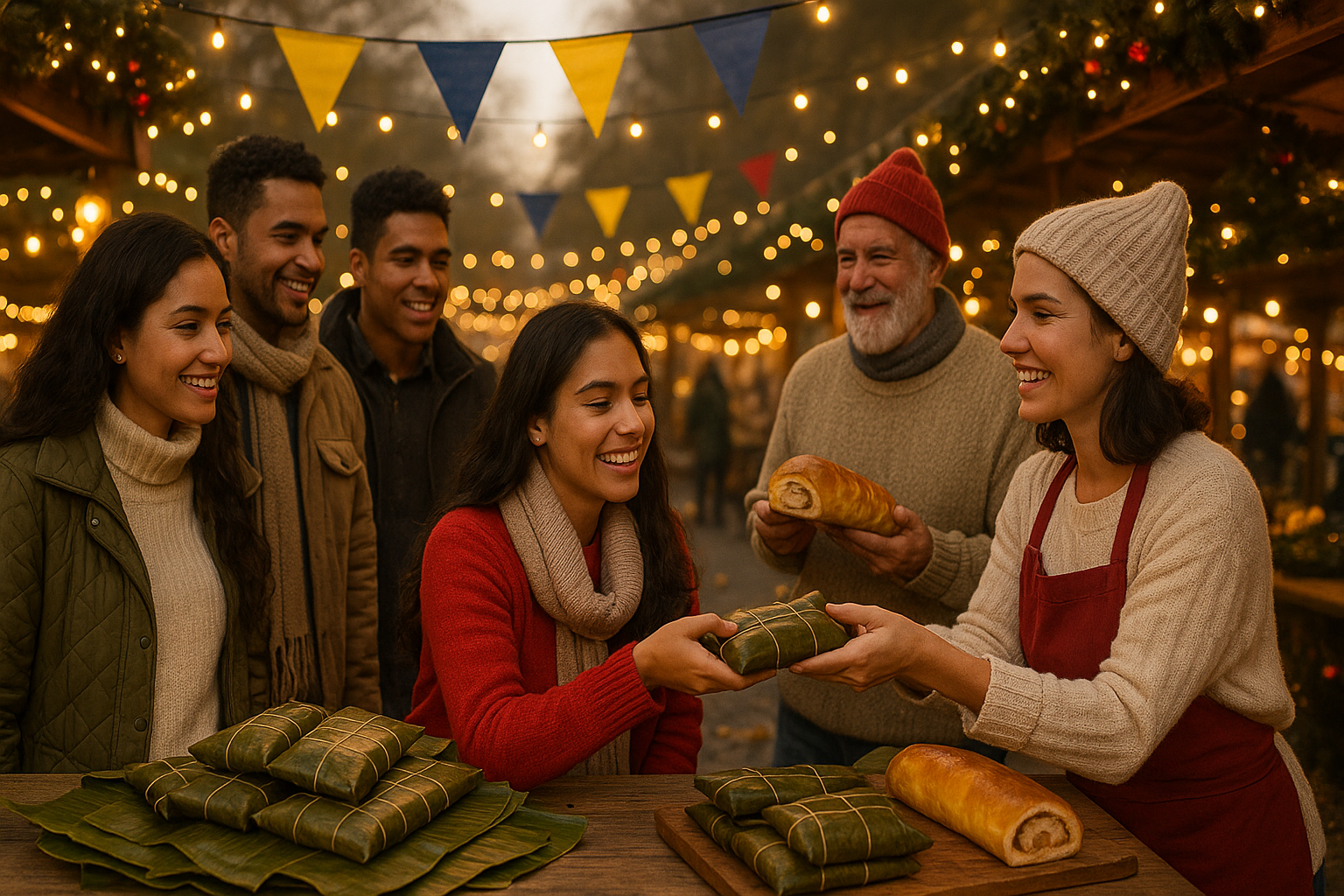 Venezolanos en la diáspora comprando hallacas en un mercado navideño