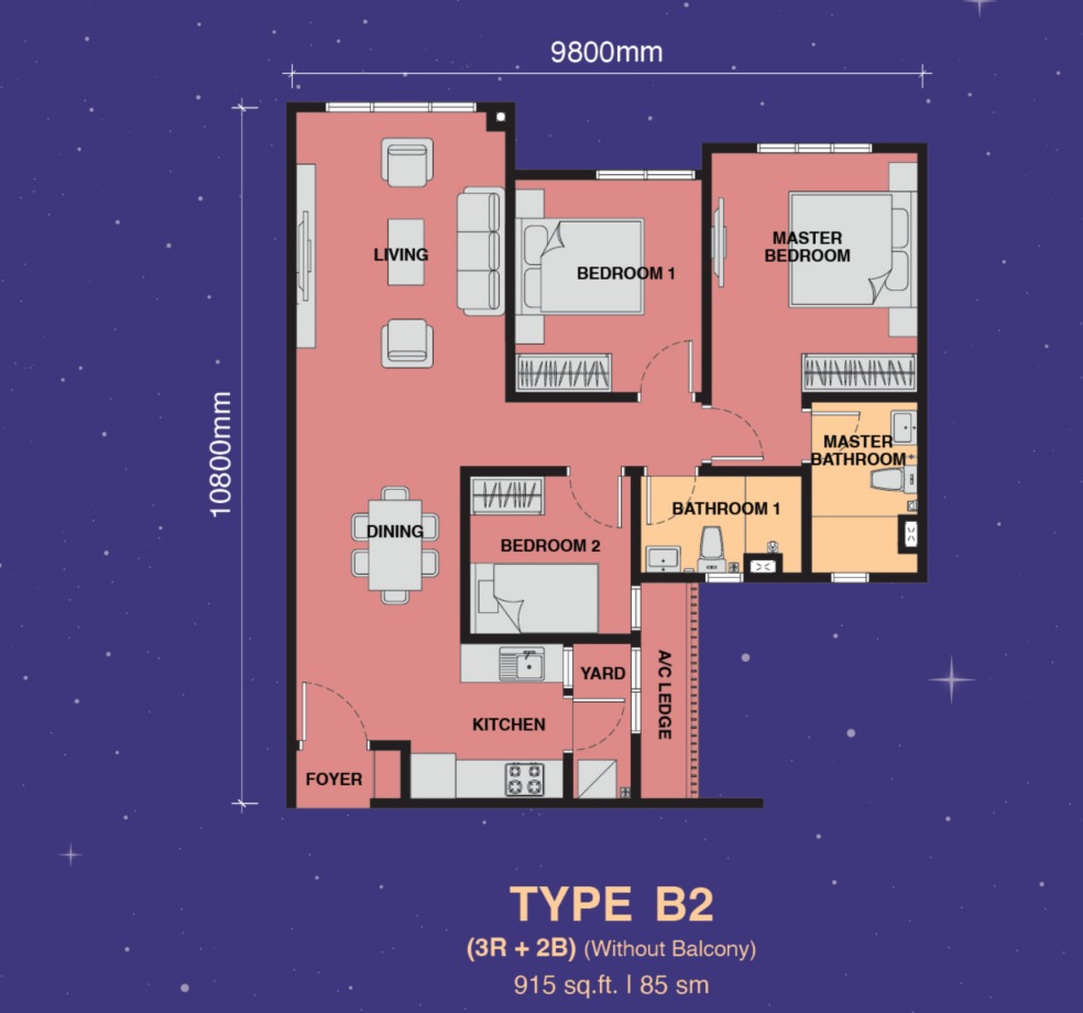 The Asteriaz Type B2 floor plan — 915 sq ft, 3 bedrooms