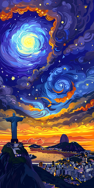Christ Redeemer Rio Starry Night Illustration Artwork - Free mobile Wallpaper
