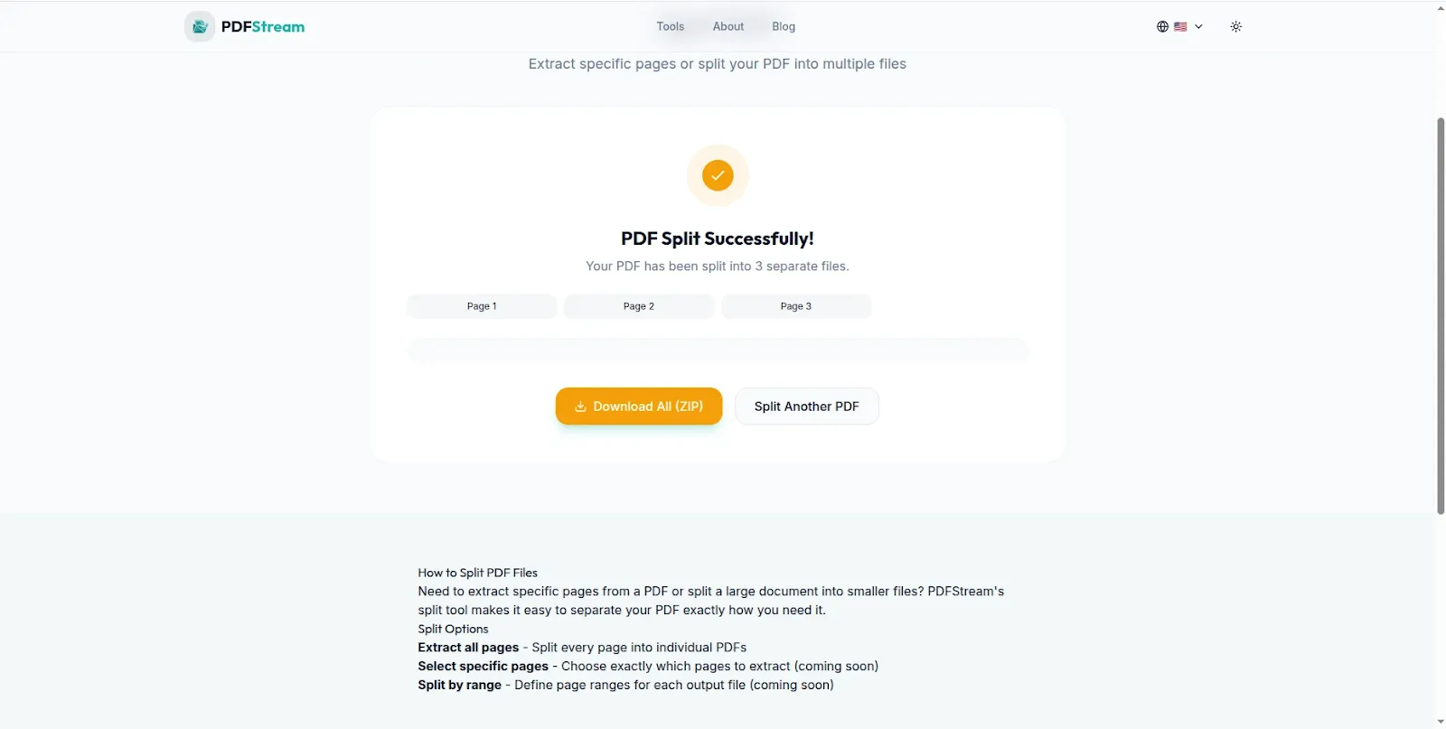 PDFStream PDF splitter showing extracted separate pages result free 2026