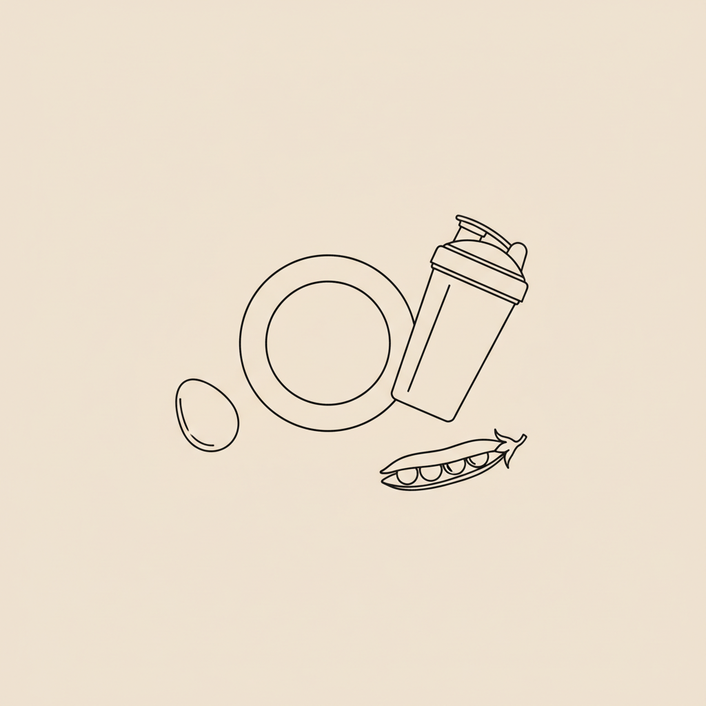 Minimalist Tonum-style line illustration of a plate, shaker bottle, egg and pea pod representing healthiest protein powder