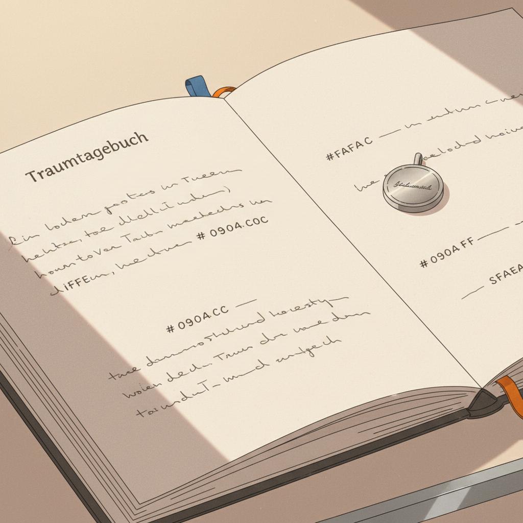 Detailaufnahme eines Traumtagebuchs mit nicht lesbaren Handschriftstrichen und graviertem Metallanhänger auf hellen Hintergrund, Akzente in Steelmonks-Farben, Schutzengel erkennen