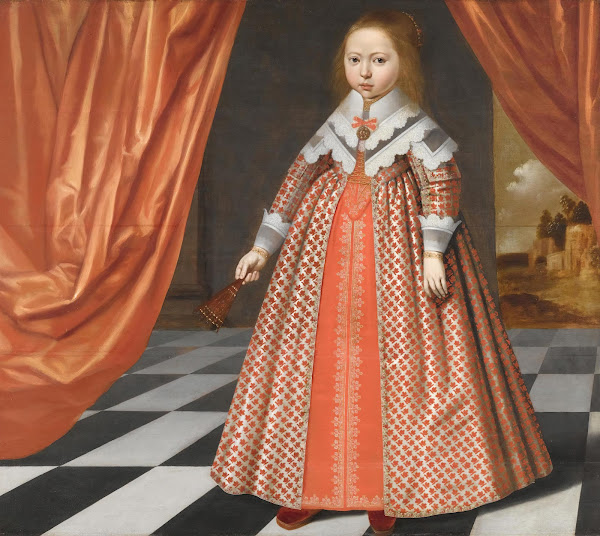 A Portrait Of A Young Girl By A Draped Red Curtain A Landscape Beyond Circa 1640