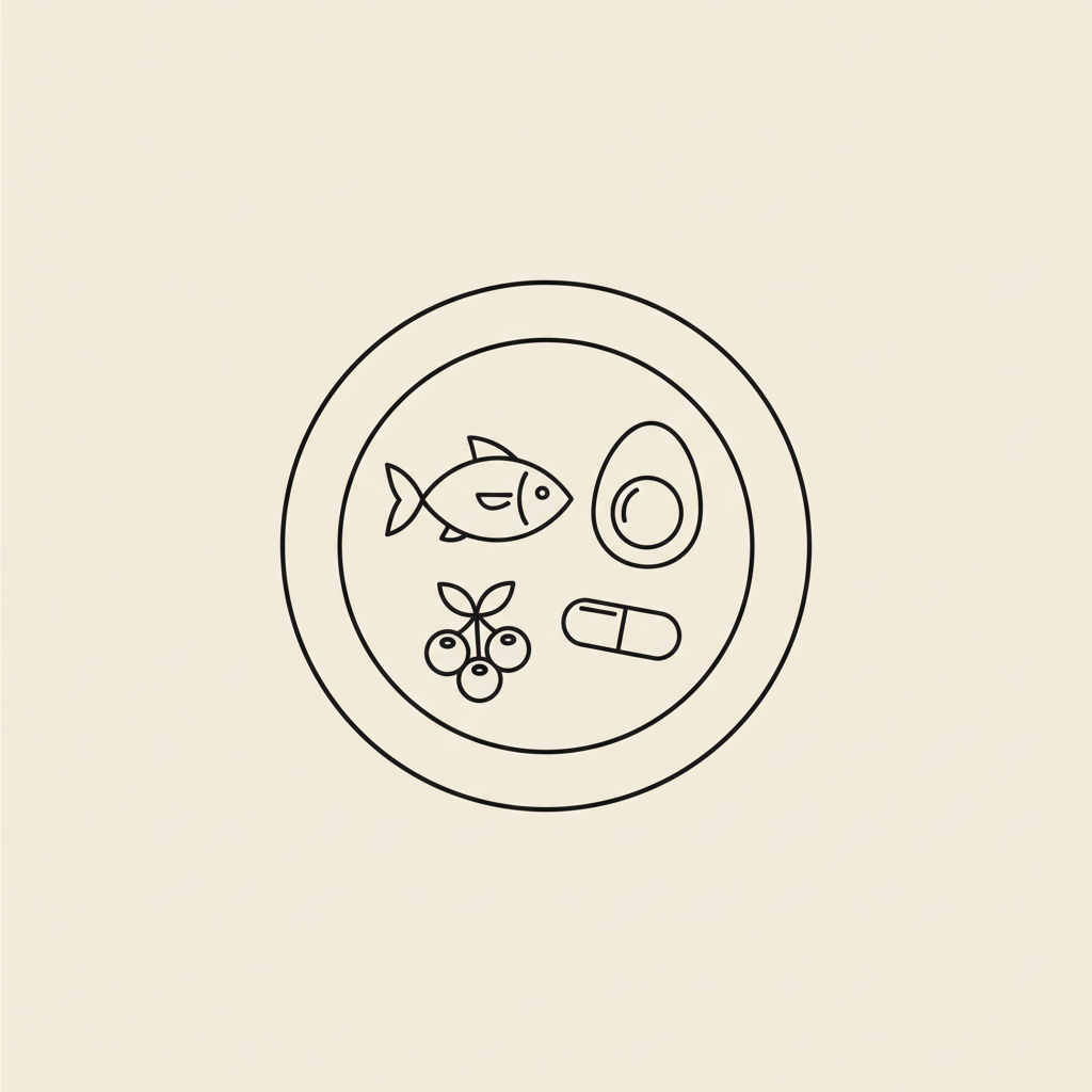 Minimalist vector line illustration of a plate with fish, egg, berries and a capsule on beige background representing menopause weight gain treatment