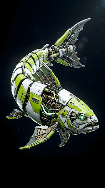 Detailed 3D Render of a Cybernetic Fish with Mechanical Gills and Lime Green Armor - Free mobile Wallpaper
