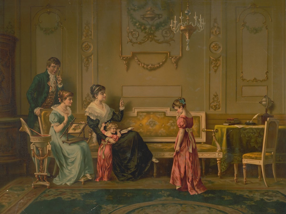 A young girl stands in front of her family looking down 1890