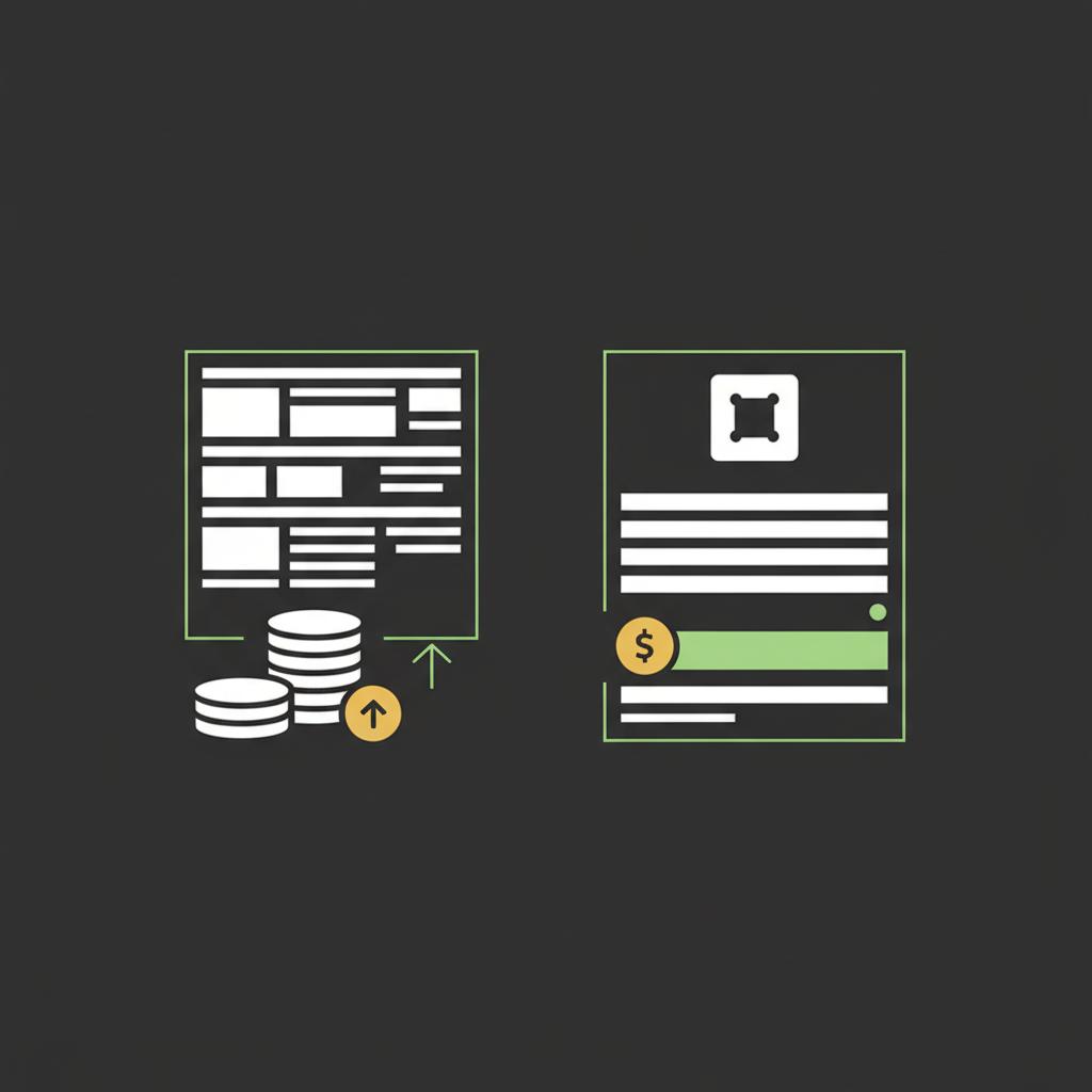 Minimalist 2D vector comparison of a mutual fund prospectus page and an ETF trade ticket with visual indicators for minimum and share price how to start an index fund