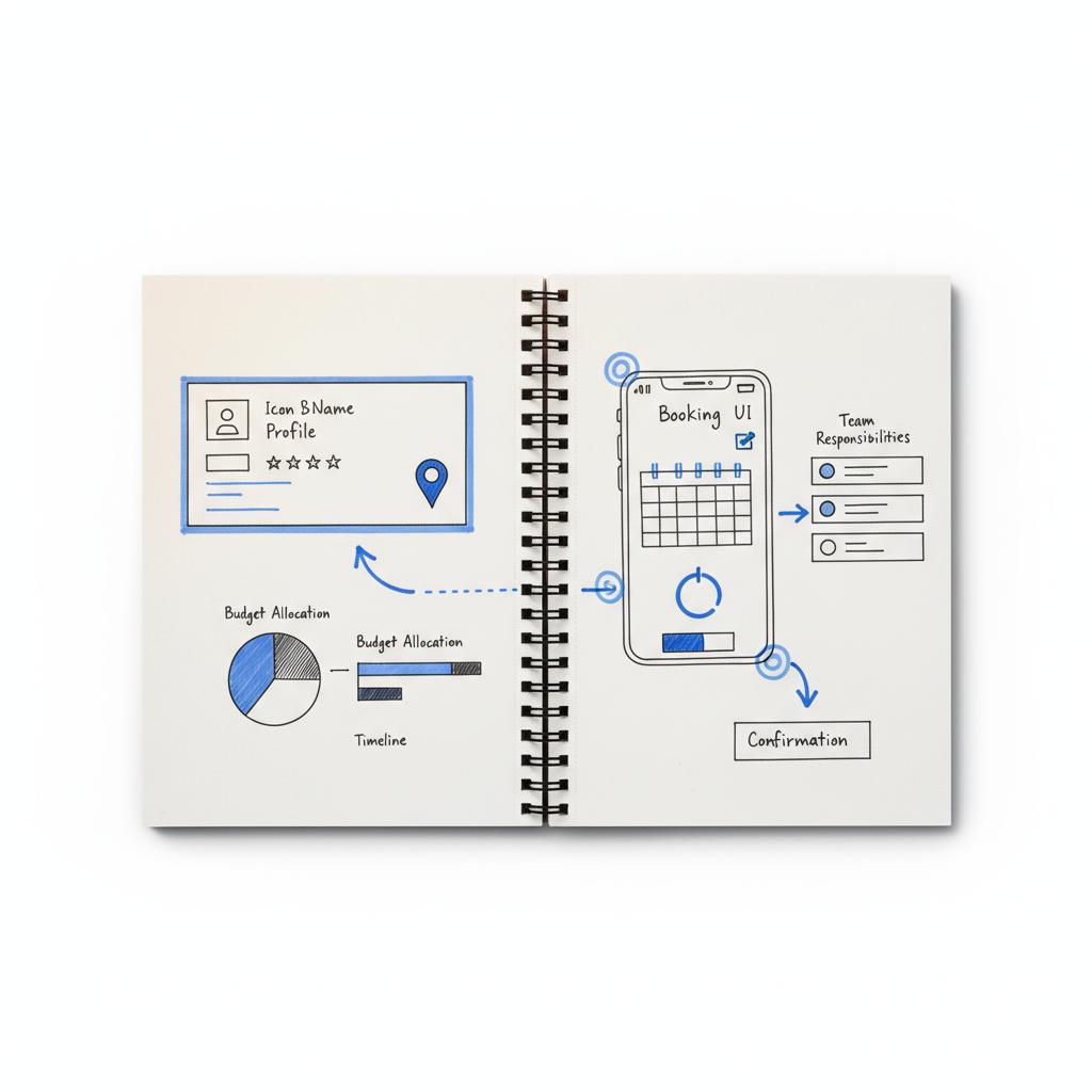 Notebook spread with hand-drawn sketches of a Google Business Profile card, mobile booking UI and conversion arrows in white, dark gray and blue for doctor office marketing