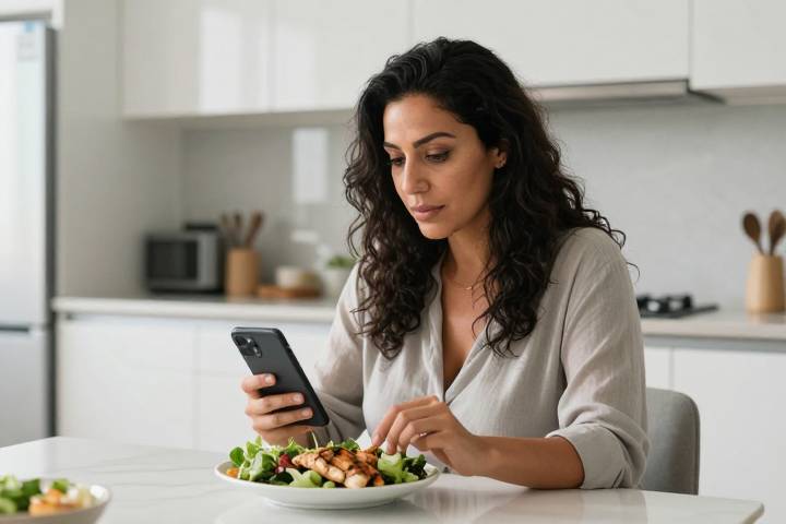 شخص يسجل وجباته الغذائية عبر تطبيق الهاتف