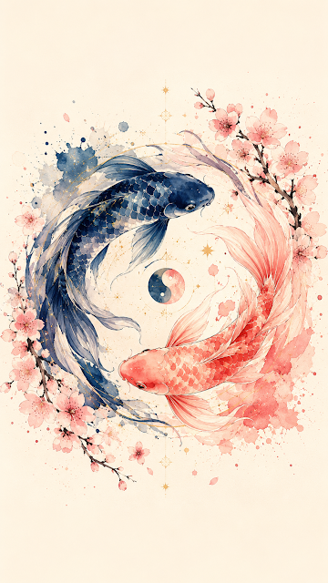 Watercolor Koi Fish Yin-Yang with Pink Cherry Blossoms - Free mobile Wallpaper