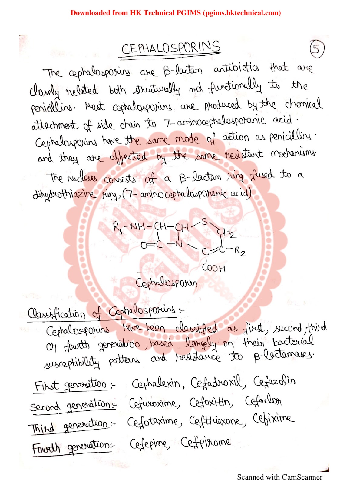 Cephalosporins Handwritten 6th Semester B.Pharmacy ,BP601T Medicinal chemistry III,