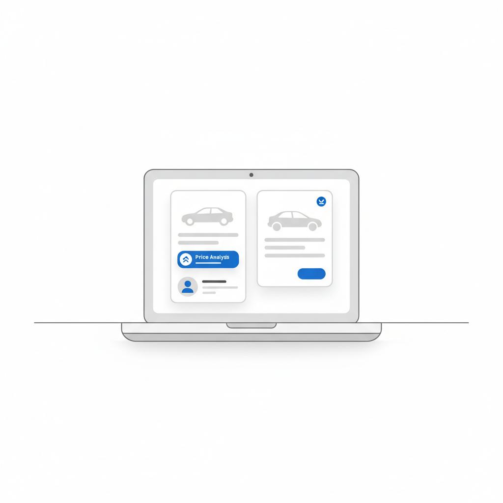 Minimalist 2D vector of a laptop comparing two car listings with price analysis label and dealer profile on a white background acura car dealership
