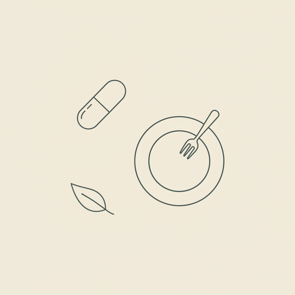 Minimalist Tonum-style vector illustration of a capsule, plate with fork, and leaf on beige background — do fat burners work for belly fat
