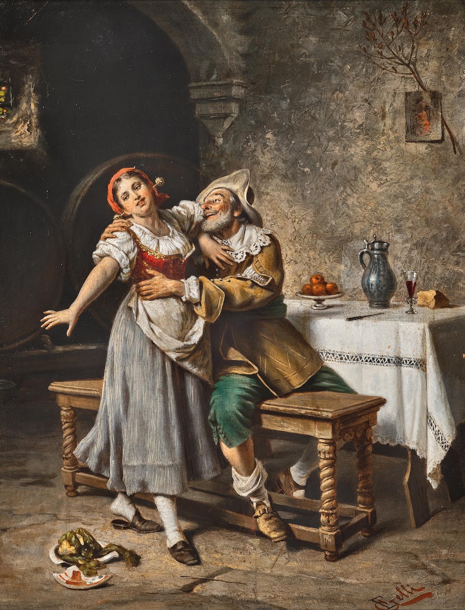 An impetuous cavalier in a wine cellar