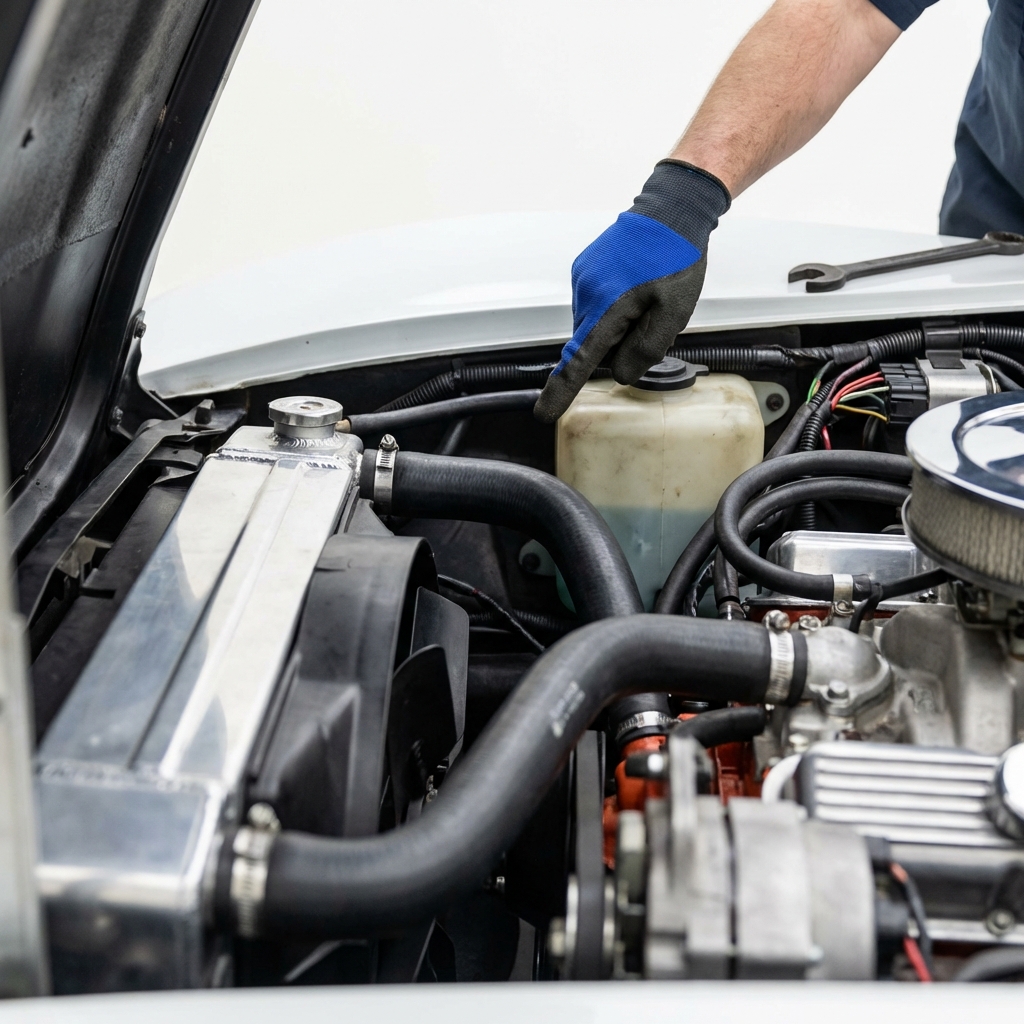 Close up photo of a Corvette engine bay showing cooling components wiring and a mechanic pointing at a hose corvettes for sale near me