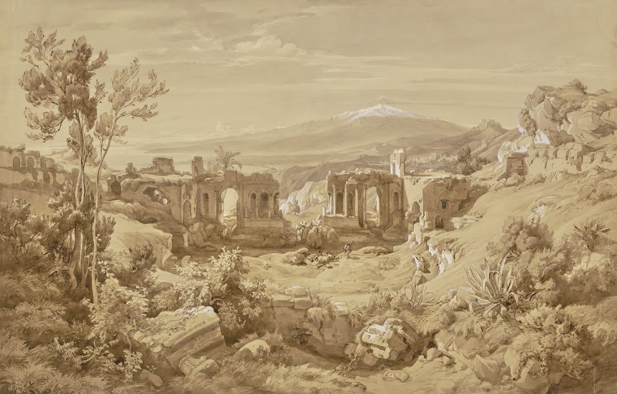 Das antike Theater von Taormina im Hintergrund der rauchende Ätna 1845
