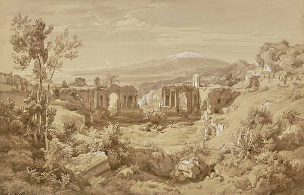 Das antike Theater von Taormina im Hintergrund der rauchende Ätna 1845