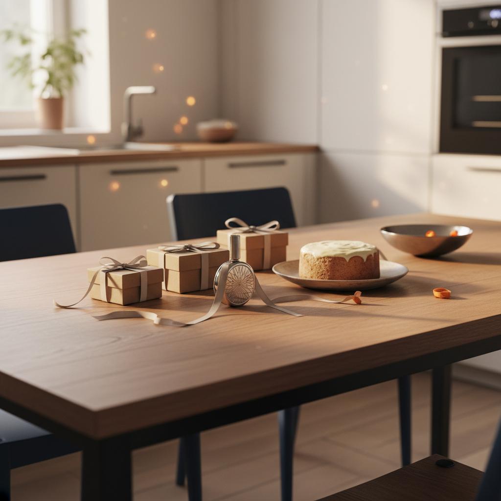 Stillleben in Hausküche mit Geschenkeschachteln, Vanillekuchen und graviertem Metallanhänger auf Band, Fokus auf Geschenkdetails – schwester ärgern ideen