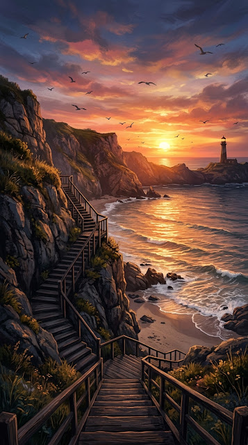 Coastal Cliffside at Sunset with Wooden Staircase and Lighthouse - Free mobile Wallpaper
