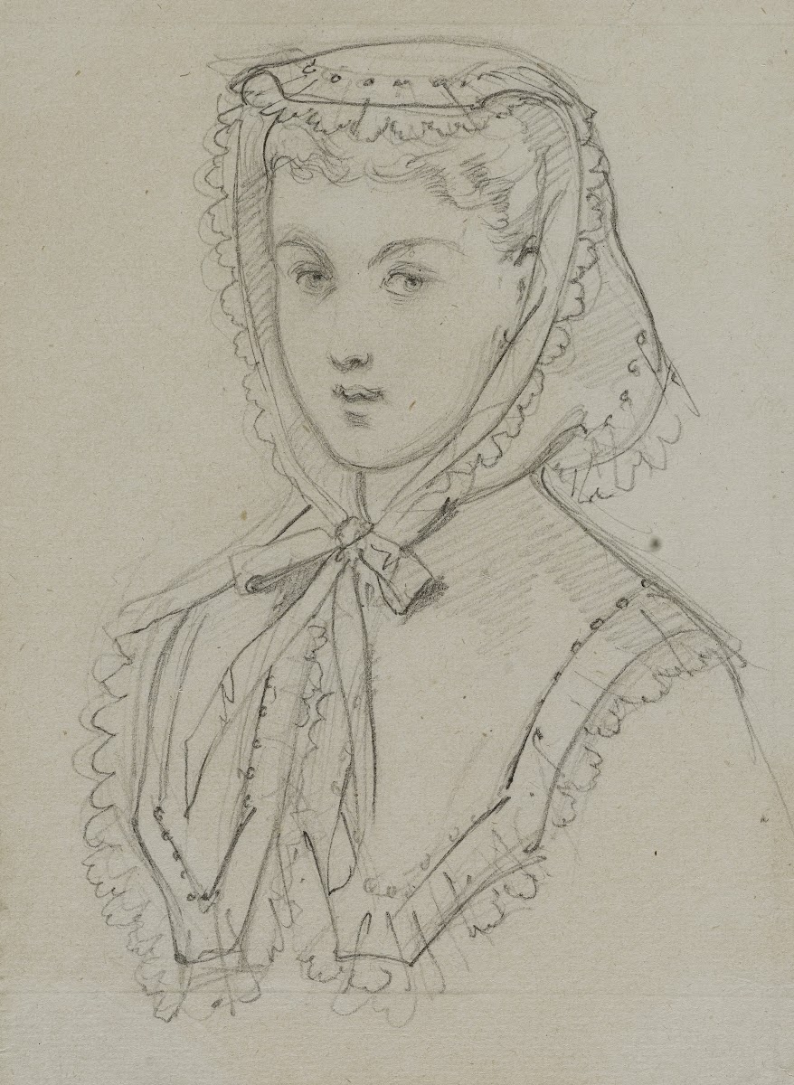 Tête féminine avec coiffe et fichu de dentelle 1866 1867